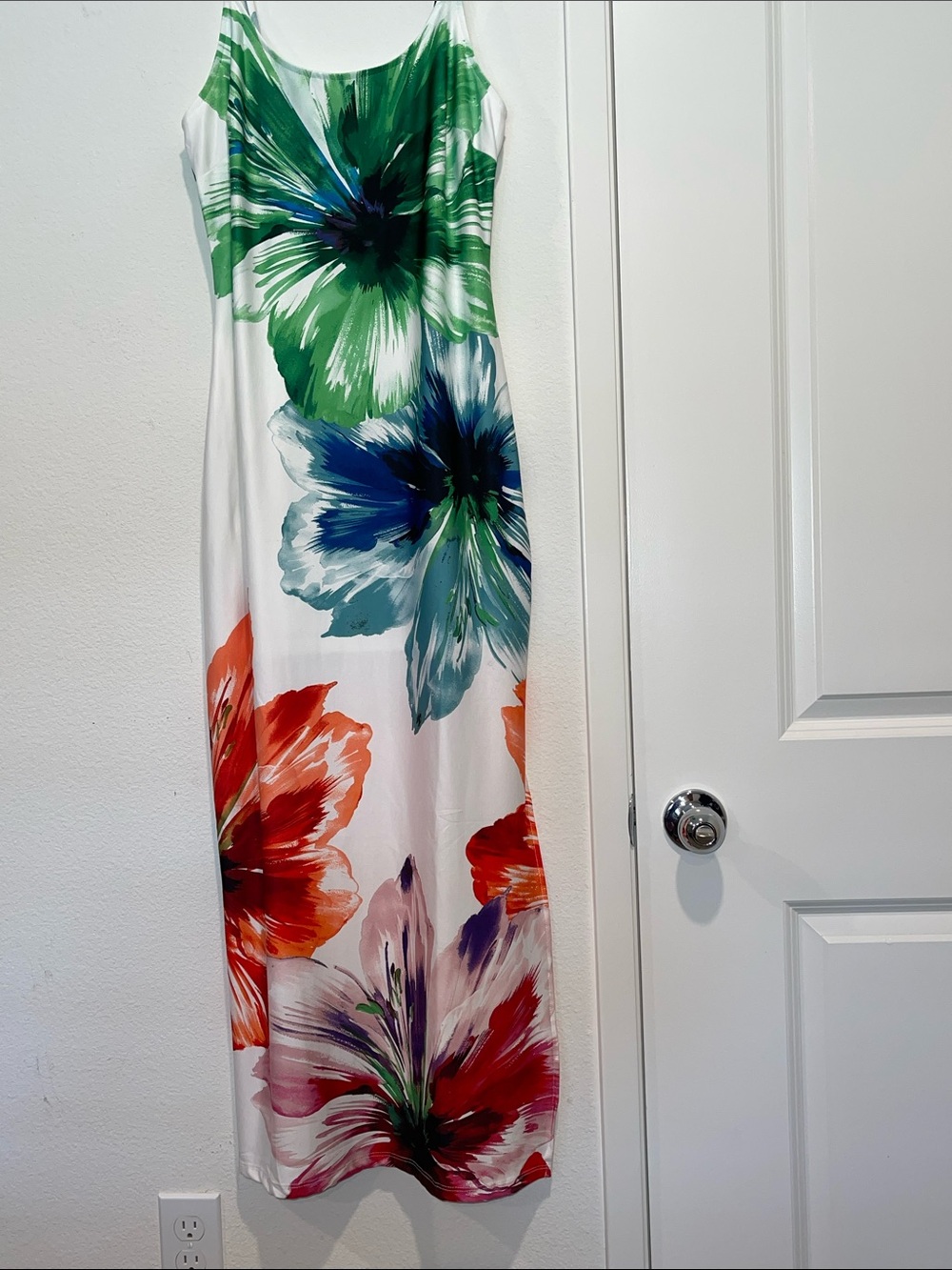 White Floral Maxi Dress with Green, Blue, Red Blooms